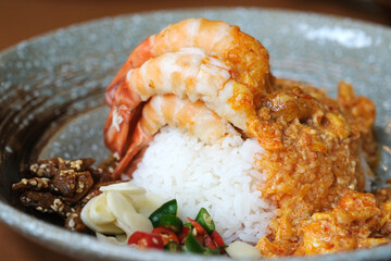 Shrimp and rice, Thai food dish menu, local street food in Thailand restaurant, Asian dining food