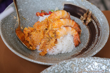 Shrimp and rice, Thai food dish menu, local street food in Thailand restaurant, Asian dining food