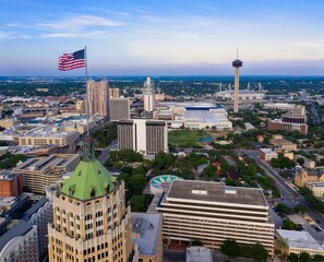 USA flag over Downtown, San Antonio, Texas, United States of America.