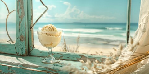 Vanilla ice cream dessert in a small glass on a weathered teal wood windowsill with delicate white beach curtains showcasing a scenic beach view