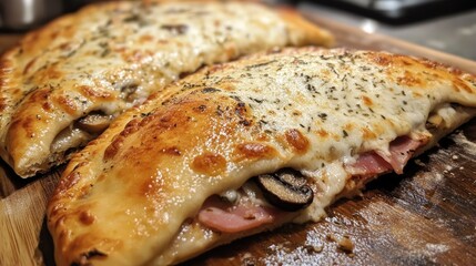 A freshly baked Italian calzone, filled with mozzarella, ham, and mushrooms.