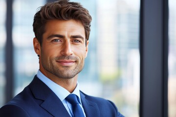 Fototapeta premium Handsome businessman in a sharp blue suit smiling confidently in a bright modern office environment representing success optimism and the professional style of contemporary leaders