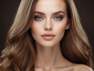 Naklejka premium Portrait of a Woman with Long Wavy Blonde Hair and Blue Eyes