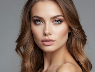 Naklejka premium Close-up portrait of a woman with long brown hair and blue eyes