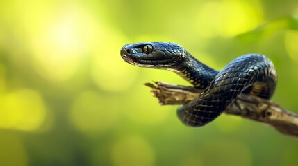 Fototapeta premium Black snake on a branch defocused green background.