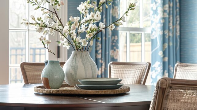 The soft fabric wallcoverings in this dining room create a serene and relaxing atmosphere perfect for intimate gatherings.