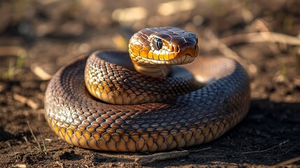 Fototapeta premium A snake rests on the ground, watching the world around it