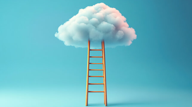 3D ladder leading up to a cloud on a blue background