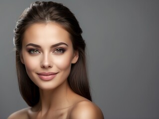 Fototapeta premium Portrait of a Woman with Long Brown Hair and a Soft Smile