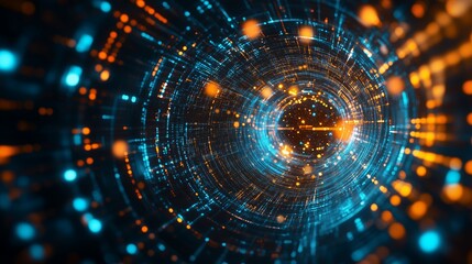 Obraz premium Dynamic digital tunnel with glowing blue and orange light streams, symbolizing high-speed data transfer, networking, and advanced technology.