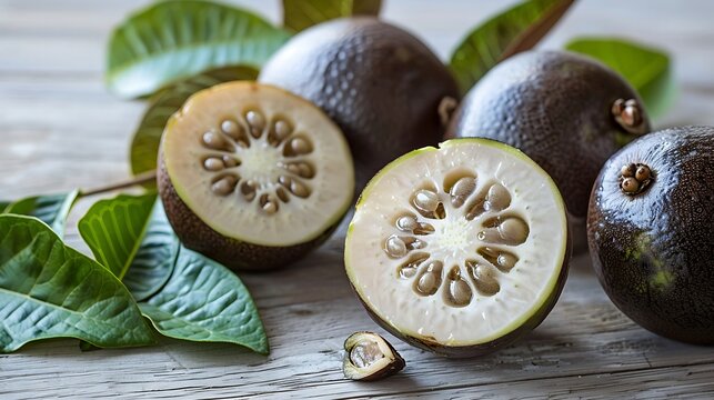 A collection of keule fruits with some cut open to display the juicy white interior, positioned on a light wooden background with green leaves enhancing the natural fruit arrangement