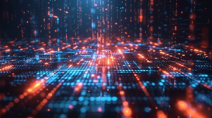 Fototapeta premium A visual representation of AI processing data, with a matrix of numbers and symbols flowing into a central glowing point, symbolizing data analysis and intelligence. 8k UHD, suitable for high-quality 