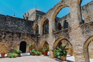 Exterior courtyard of the Historic Mission San Jose, San Antonio, Texas, United States of America.
