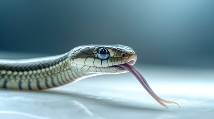 Garter snake displaying its tongue as it slithers across a white surface