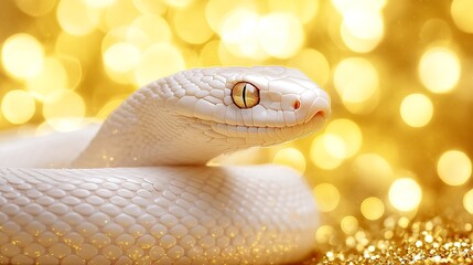 Fototapeta premium Albino snake with blurred gold background, glitter and blurred background, white snake represent year of snake, happy Chinese new year,