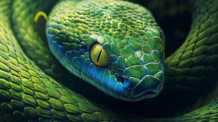 Fototapeta premium A green snake with a blue head is shown in the image 