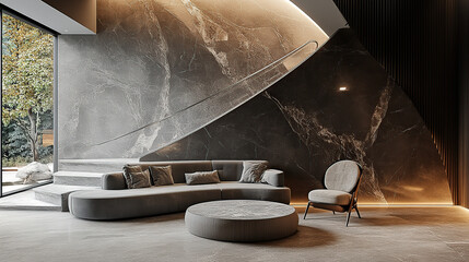 A living room with curved marble walls, a sofa and chair