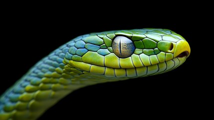 A green snake with a blue head is shown in the image