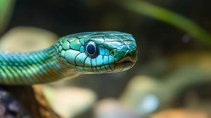 Fototapeta premium A green snake with a blue head is shown in the image