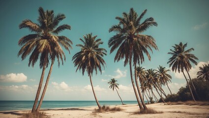 Obraz premium Palm trees on a serene beach with blue sky and calm ocean waves.