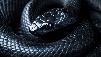 Naklejka premium Black coiled snake with shiny scales 