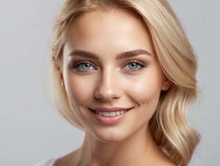 Fototapeta premium Close-up Portrait of a Blonde Woman Smiling with Blue Eyes
