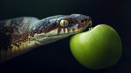 The original sin, the forbidden fruit. Close up of snake with green apple on dark background