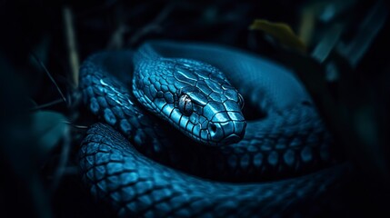 Obraz premium dangerous snake with blue skin crawling in dark jungle in dark