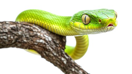 Fototapeta premium Green snake on a tree isolated on white background 