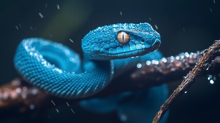 Fototapeta premium Blue viper snake posing on a branch with water droplets