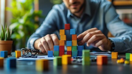Naklejka premium Man Building a Colorful Tower of Blocks
