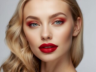 Fototapeta premium Portrait of a Blonde Woman with Red Lipstick and Eyeshadow
