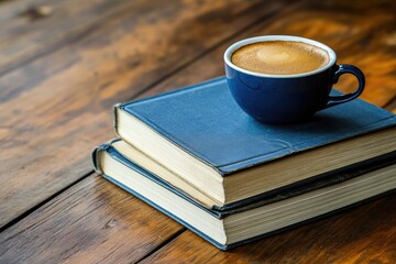 Naklejka premium Coffee cup on a stack of books. Perfect for representing education, learning, or relaxing with a good read.