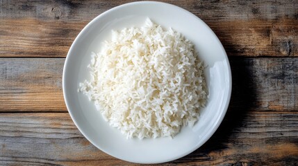 A top-down shot of cooked Thai Jasmine rice on a white plate, centered on a wooden background. Traditional Thai food concept.