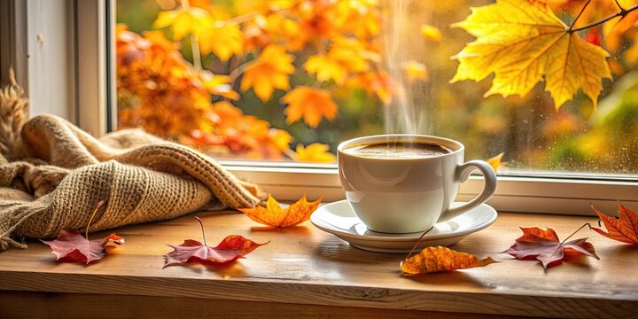 Autumn themed cup of coffee sitting on windowsill, autumn, coffee, cup, fall, window, cozy, seasonal, beverage, hot, drink
