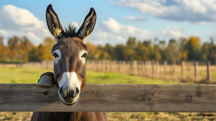 A donkey leans over a wooden fence, gazing beyond it with a curious look towards the camera