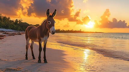 A donkey standing on the beach during a sunset. 