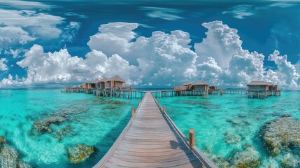 Fototapeta premium Beautiful panorama of Maldivian water villas on stilts, connected by a wooden jetty, with the vibrant blue sea and fluffy white clouds creating a perfect summer scene.