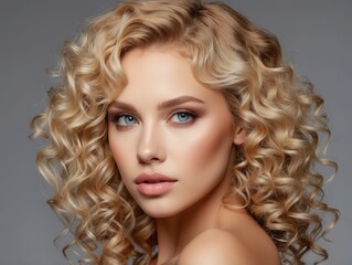 Fototapeta premium Close-up Portrait of a Blonde Woman with Curly Hair and Makeup
