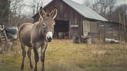 Naklejka premium donkey by barn background. 