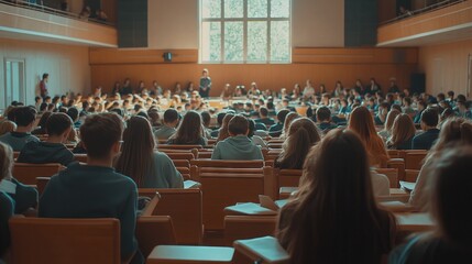 Obraz premium A busy lecture hall buzzes as students take notes from an inspiring professor, igniting their curiosity.