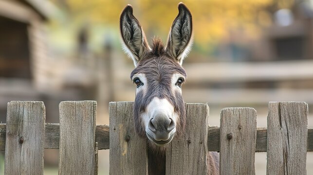 curious donkey leaning over wooden fence gazing at camera with inquisitive expression animal photo