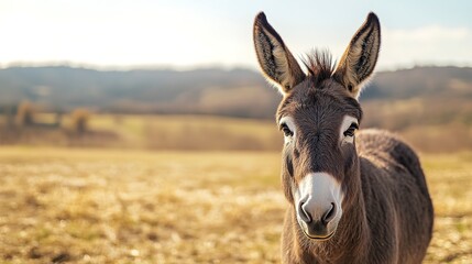A friendly donkey stares directly into the camera, standing alone in an expansive, recently harvested field, exuding a sense of curiosity and connection under soft daylight.