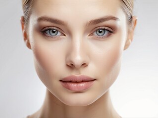 Obraz premium Close-up Portrait of a Woman with Blue Eyes and Light Makeup