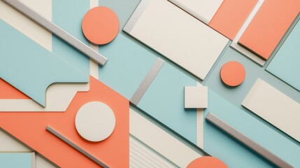 Abstract background featuring a composition of geometric shapes in pastel colors, including circles, squares, and rectangles. The arrangement creates a sense of depth and visual interest