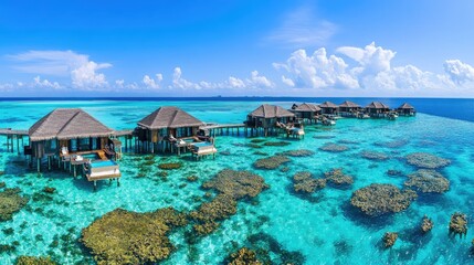 Expansive panorama of water villas at a Maldivian resort, connected by a wooden jetty, with the serene ocean and vibrant coral reefs visible beneath the clear water.