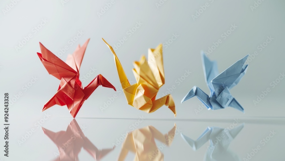 Sticker Three origami birds are shown in three different colors. AI.