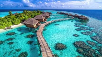 Fototapeta premium Sweeping panorama of tropical water bungalows in the Maldives, connected by a wooden walkway, with the lush greenery and crystal-clear waters completing the idyllic summer setting.