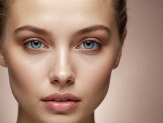 Fototapeta premium Close-up Portrait of a Woman with Blue Eyes and Soft Makeup