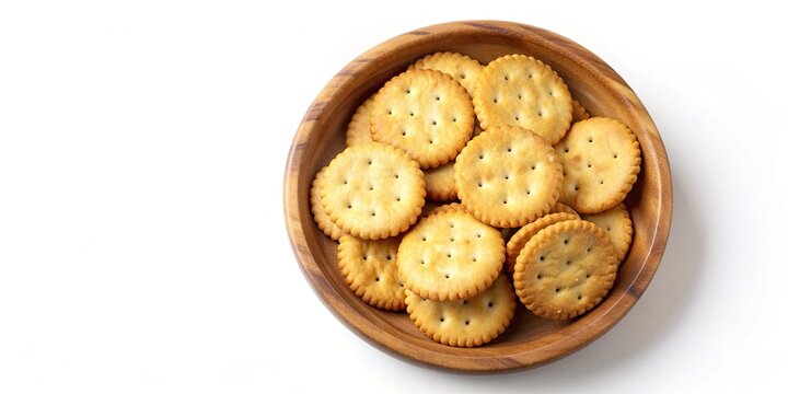 Round salted crackers in a wooden bowl top view isolated on background, round, salted, crackers, snack, wooden bowl, food, tasty